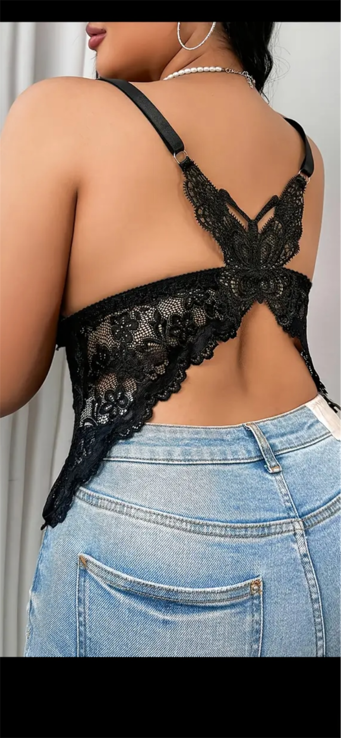 Juodas nėriniuotas korseto tipo viršus su atlasiniu kaspinėliu 3XL