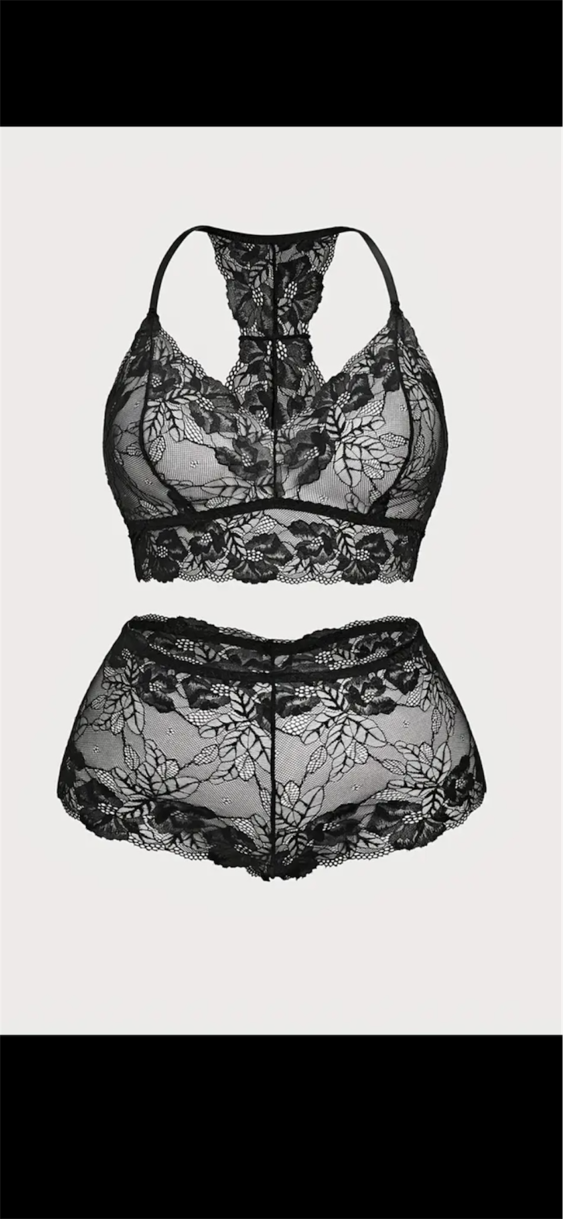 Juodos spalvos nėriniuotas liemenėlės ir kelnaičių komplektas – subtiliai permatomas, elegantiškas dizainas