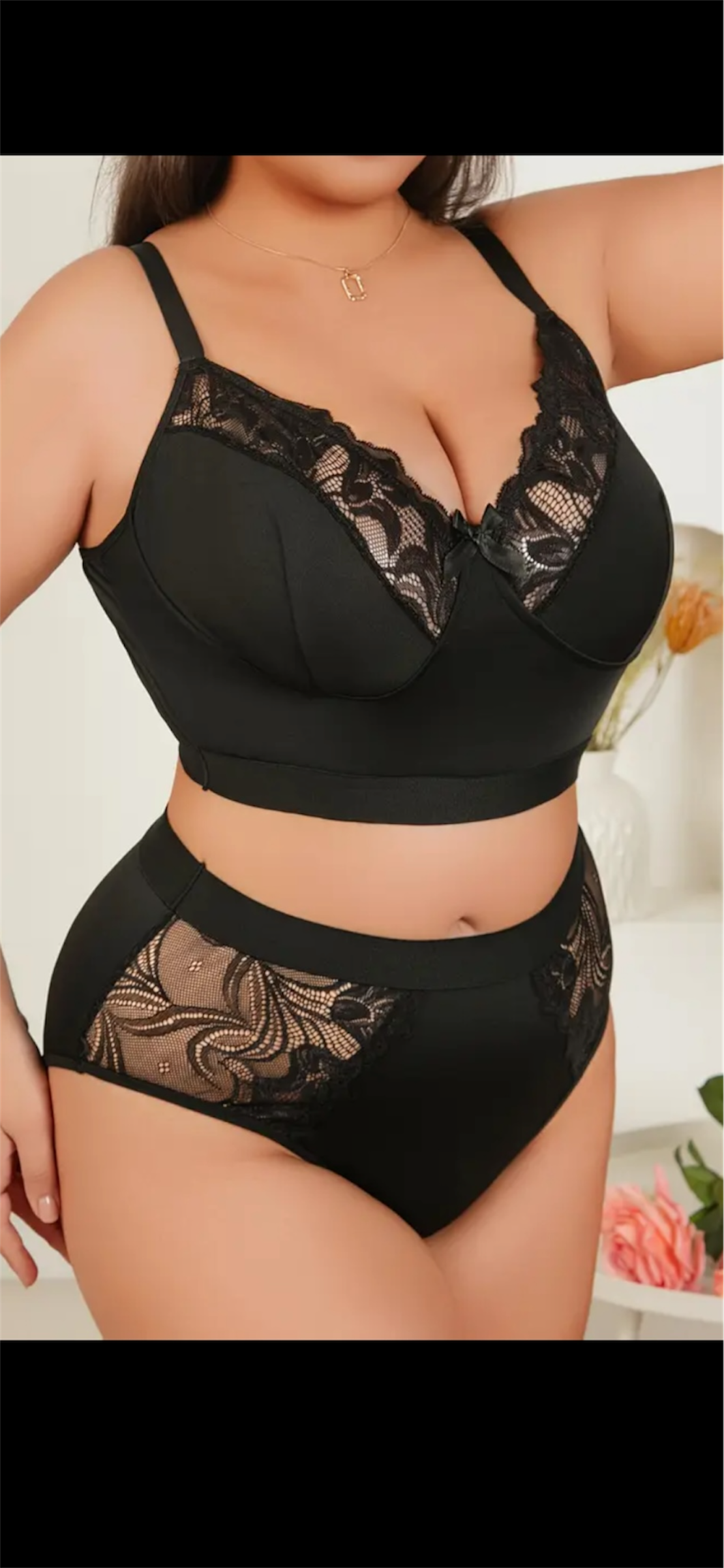 Nėrinių liemenėlės ir aukšto liemens kelnaičių komplektas – juodas, 2XL