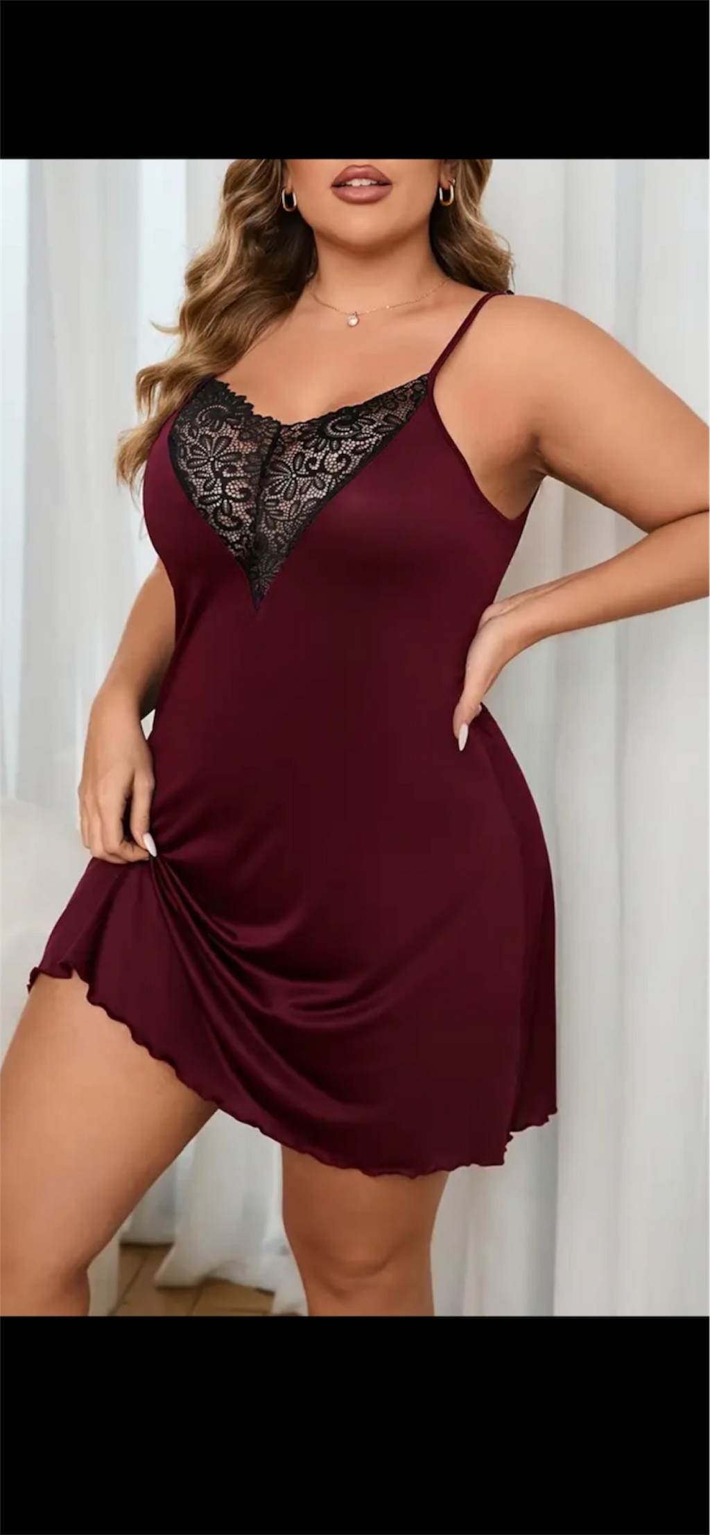 Naktinukai su nėrinių įsiuvu – tamsiai raudoni, 3XL