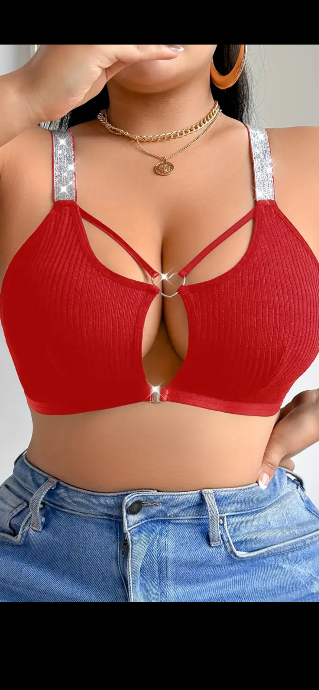 Madingas braletės tipo topas su priekiu segamu užsegimu – juodas arba raudonas