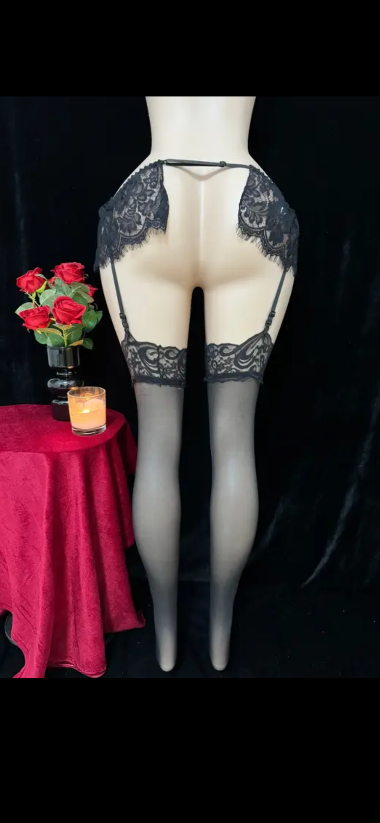 🖤 Juodi nėriniuoti prisegamų kojinių diržai su kojinėmis – 2XL